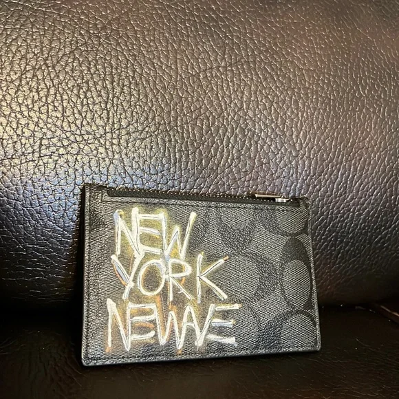 Coach unisex new wave logo monogram leather zip up card holder wallet